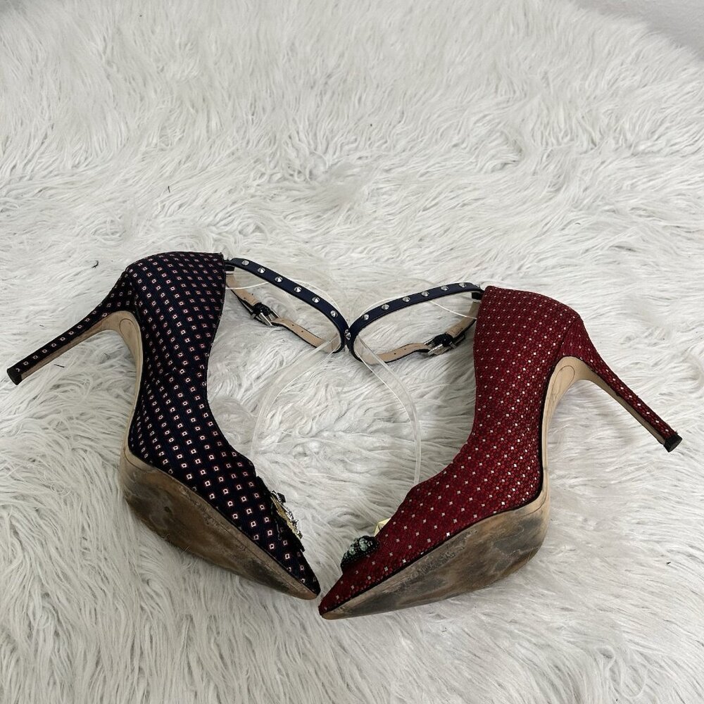 Sam Edelman Two-Tone Embellished Ankle-Strap Pointed Heels in Red and Navy - Picture 7 of 11